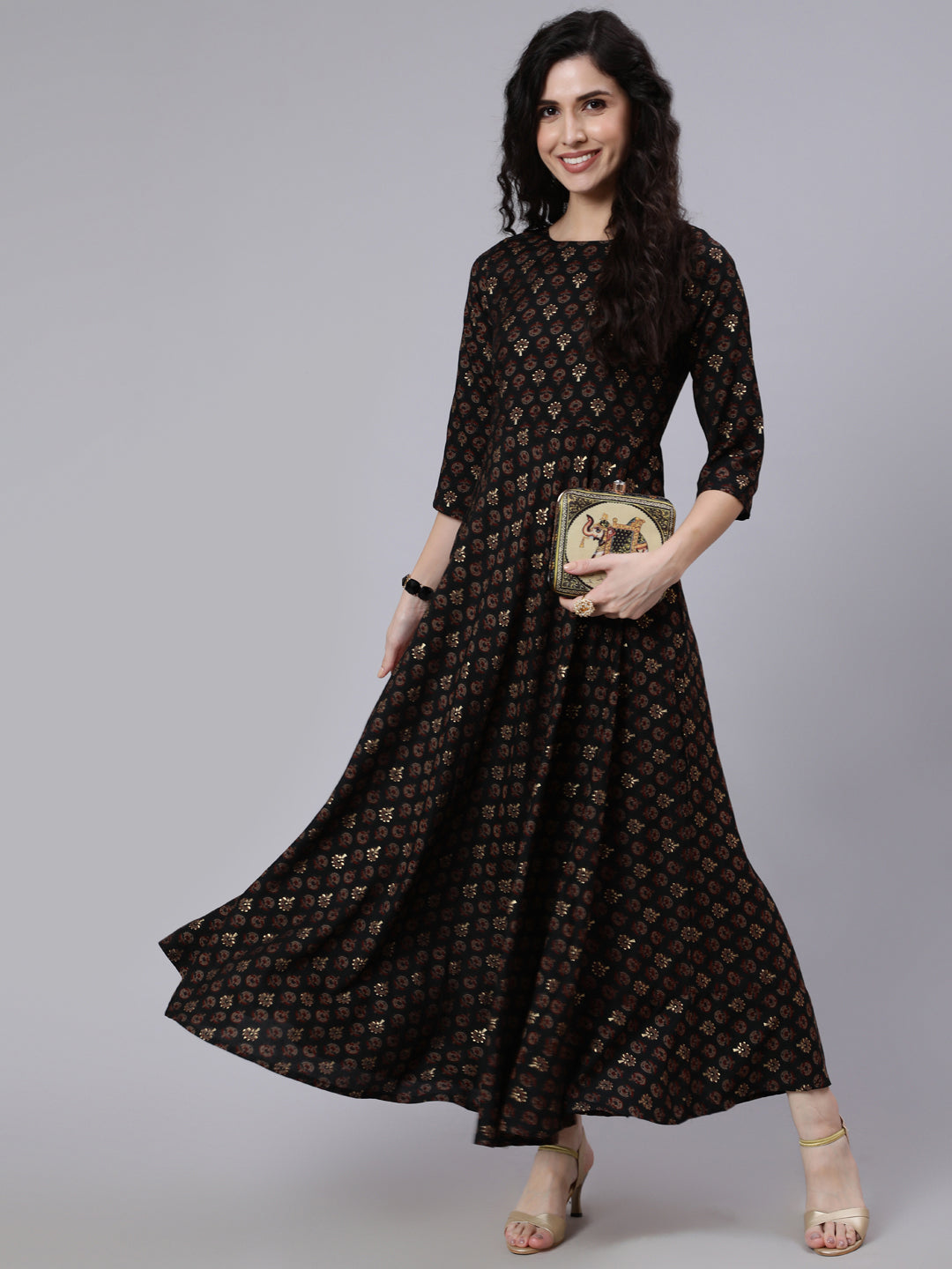 Women Green Printed Maslen Flared Dress With Boat Neck | LASVINI - Redefining Indian Fashion with Elegance