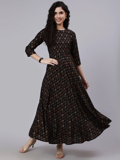 Women Green Printed Maslen Flared Dress With Boat Neck | LASVINI - Redefining Indian Fashion with Elegance