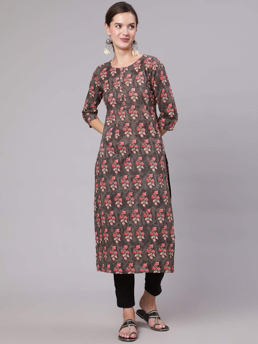 Women Grey Printed Straight Kurta With Three Quarter Sleeves | LASVINI - Redefining Indian Fashion with Elegance