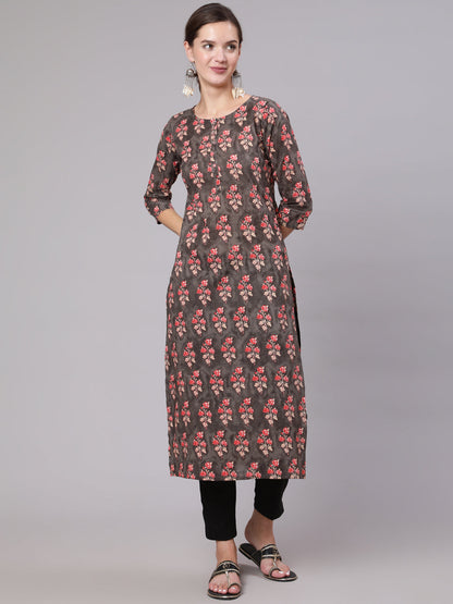 Women Grey Printed Straight Kurta With Three Quarter Sleeves | LASVINI - Redefining Indian Fashion with Elegance