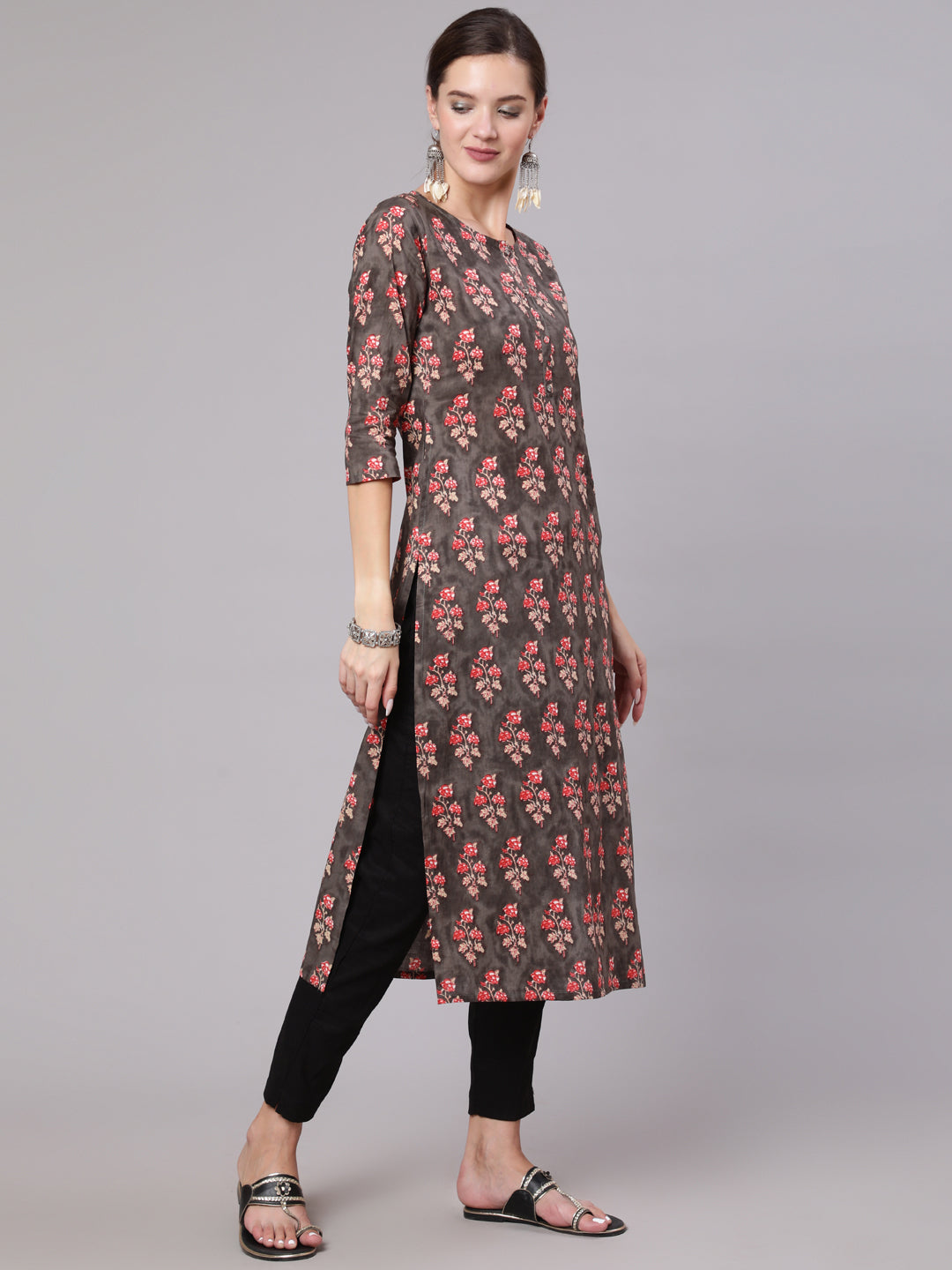 Women Grey Printed Straight Kurta With Three Quarter Sleeves | LASVINI - Redefining Indian Fashion with Elegance