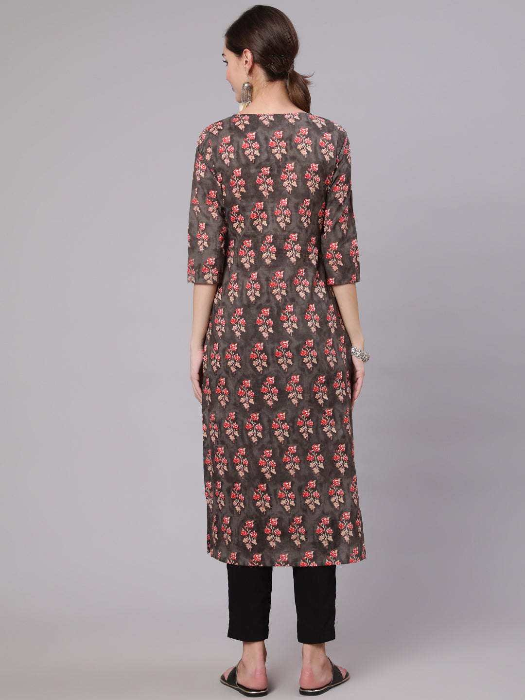 Women Grey Printed Straight Kurta With Three Quarter Sleeves | LASVINI - Redefining Indian Fashion with Elegance