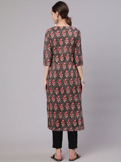 Women Grey Printed Straight Kurta With Three Quarter Sleeves | LASVINI - Redefining Indian Fashion with Elegance