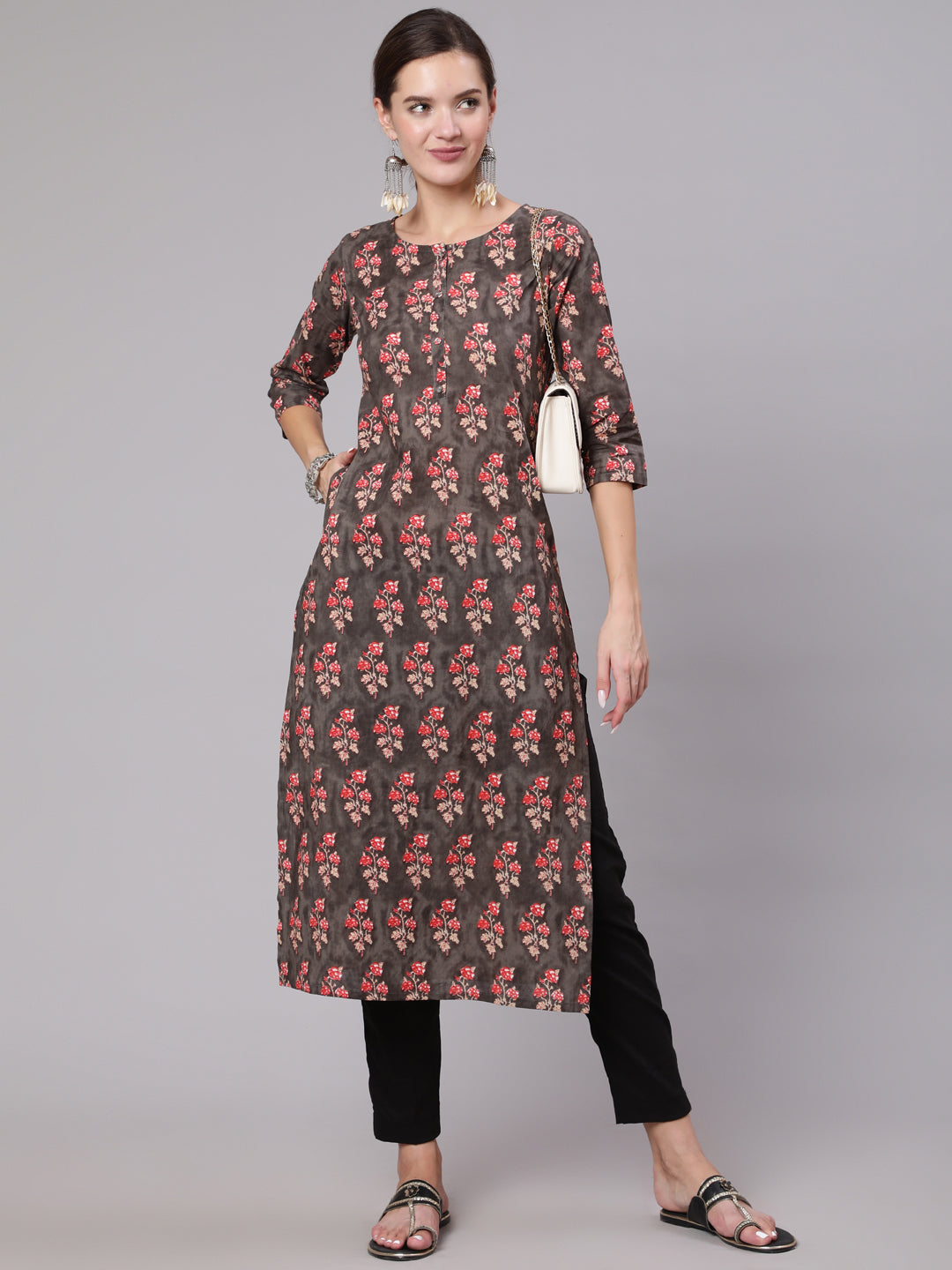 Women Grey Printed Straight Kurta With Three Quarter Sleeves | LASVINI - Redefining Indian Fashion with Elegance