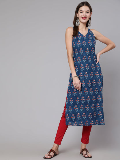 Women Blue Floral Printed Straight Sleeveless Kurta | LASVINI - Redefining Indian Fashion with Elegance