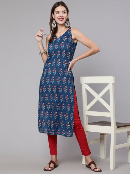 Women Blue Floral Printed Straight Sleeveless Kurta | LASVINI - Redefining Indian Fashion with Elegance