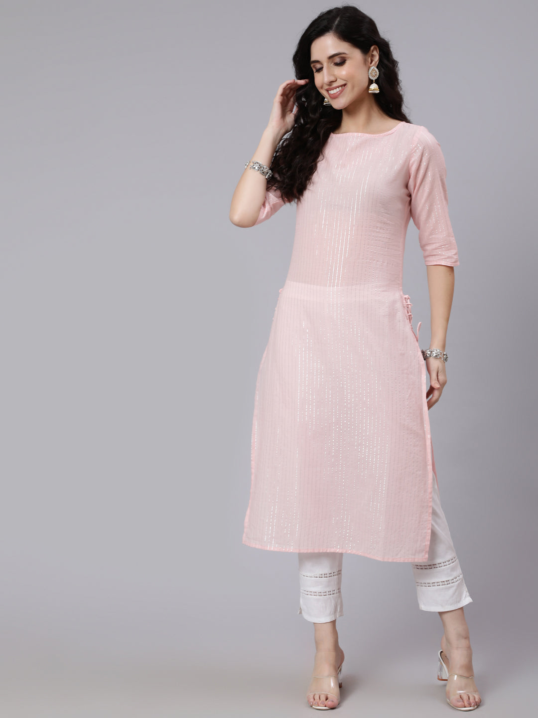 Women Pink Color With Silver Stripe Solid Straight Kurta | LASVINI - Redefining Indian Fashion with Elegance