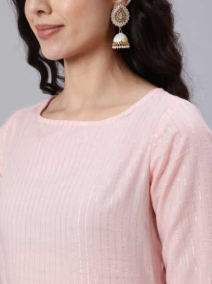 Women Pink Color With Silver Stripe Solid Straight Kurta | LASVINI - Redefining Indian Fashion with Elegance