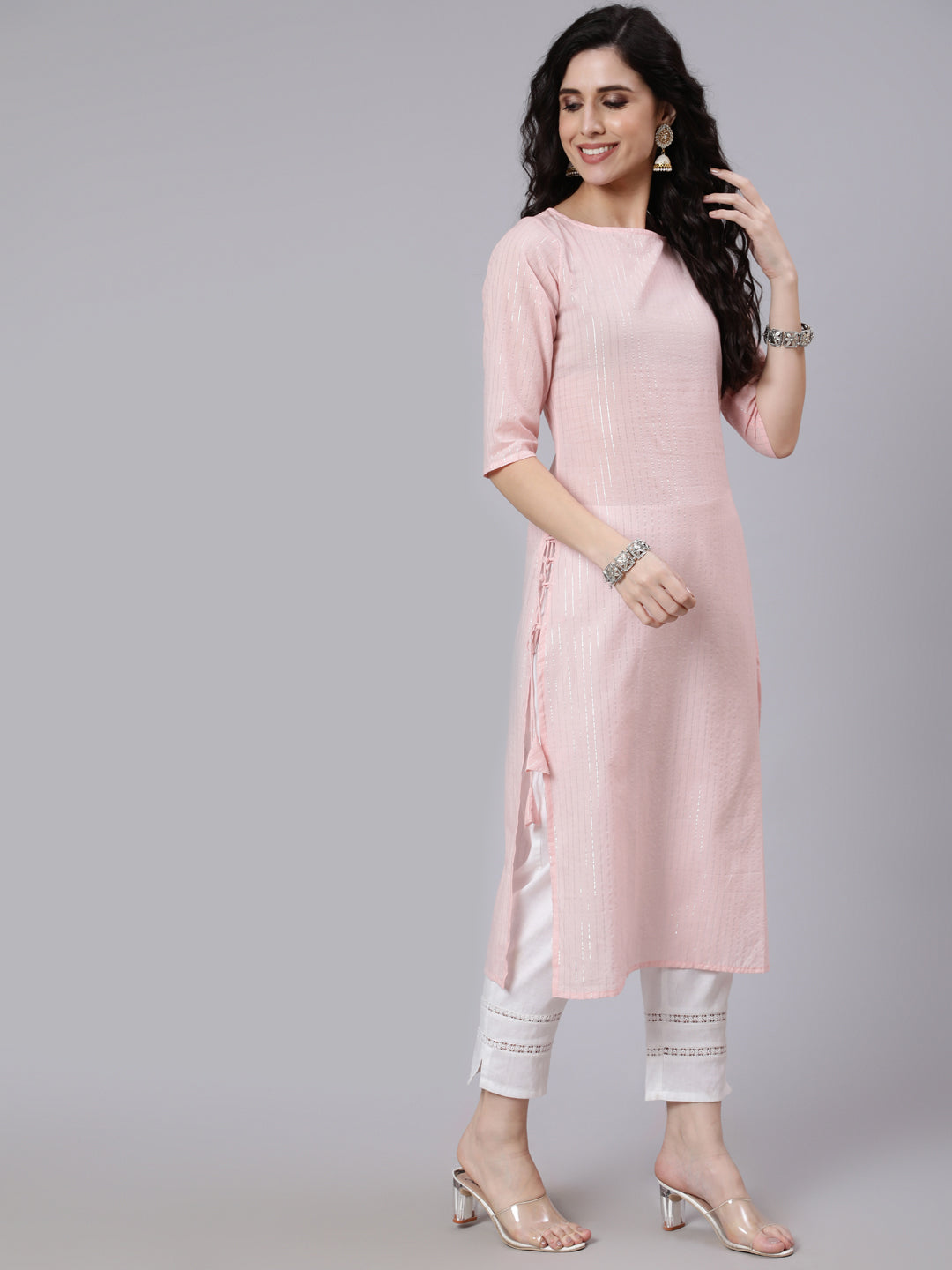 Women Pink Color With Silver Stripe Solid Straight Kurta | LASVINI - Redefining Indian Fashion with Elegance