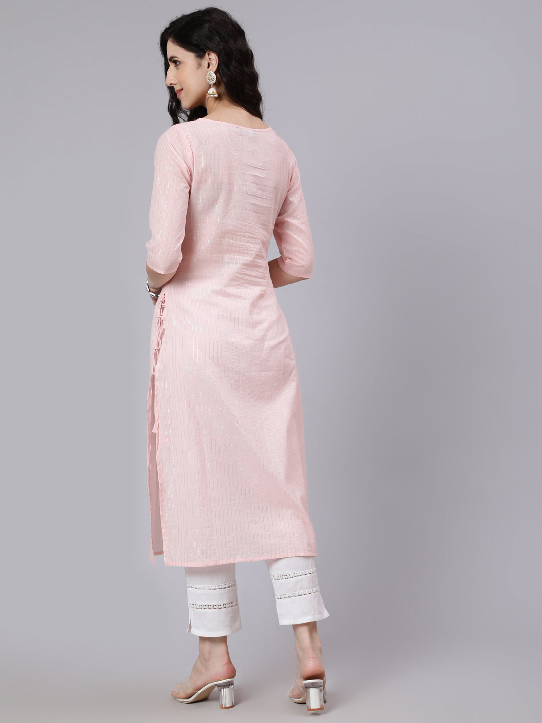 Women Pink Color With Silver Stripe Solid Straight Kurta | LASVINI - Redefining Indian Fashion with Elegance