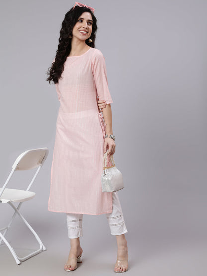 Women Pink Color With Silver Stripe Solid Straight Kurta | LASVINI - Redefining Indian Fashion with Elegance