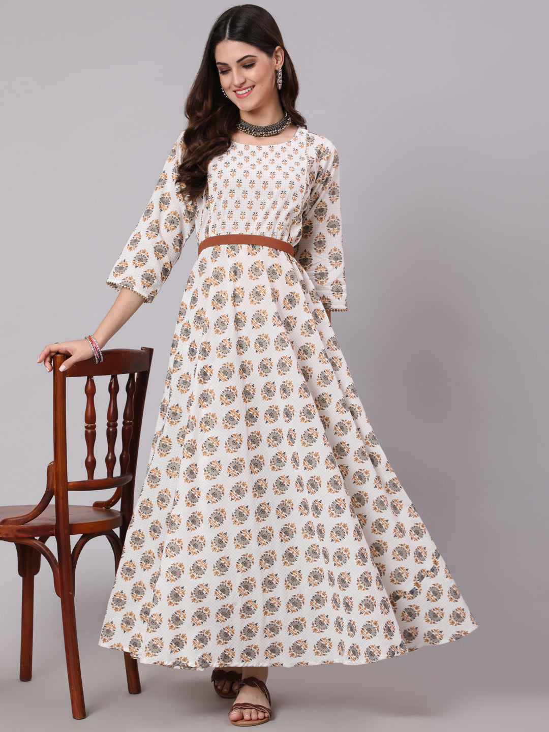 Women White & Yellow Ethnic Printed Dress With Three Quarter Sleeves | LASVINI - Redefining Indian Fashion with Elegance