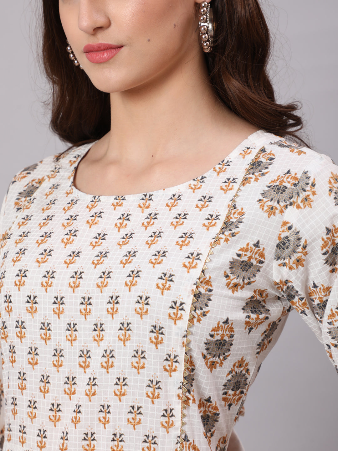 Women White & Yellow Ethnic Printed Dress With Three Quarter Sleeves | LASVINI - Redefining Indian Fashion with Elegance