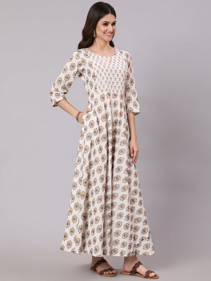 Women White & Yellow Ethnic Printed Dress With Three Quarter Sleeves | LASVINI - Redefining Indian Fashion with Elegance
