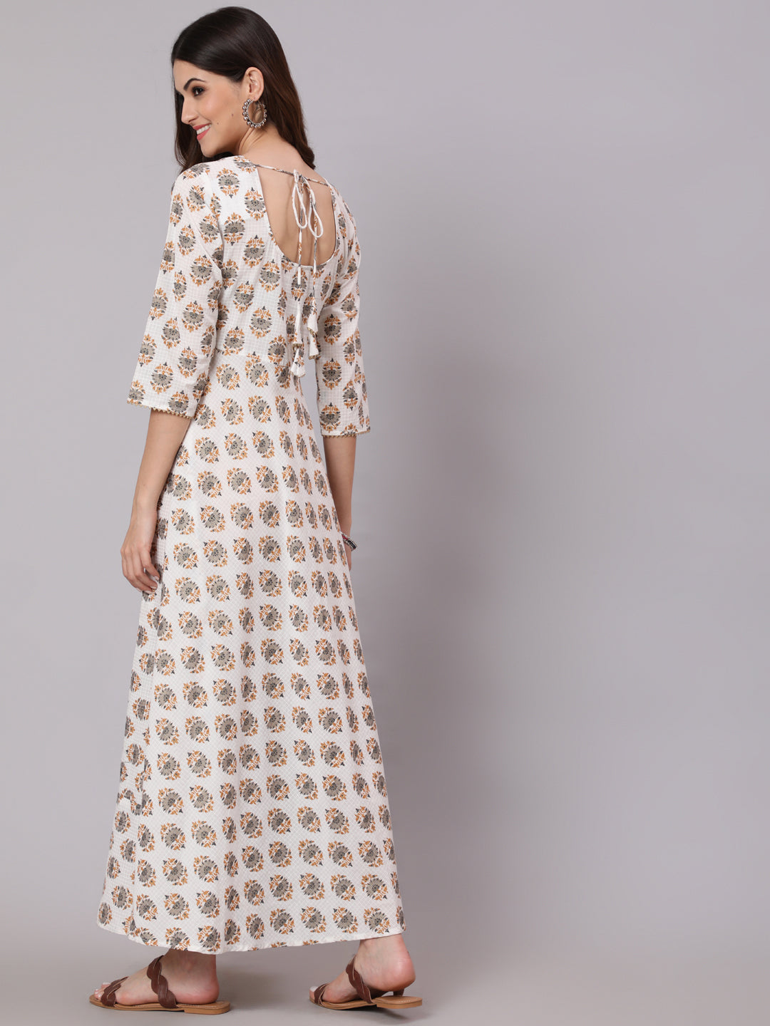 Women White & Yellow Ethnic Printed Dress With Three Quarter Sleeves | LASVINI - Redefining Indian Fashion with Elegance