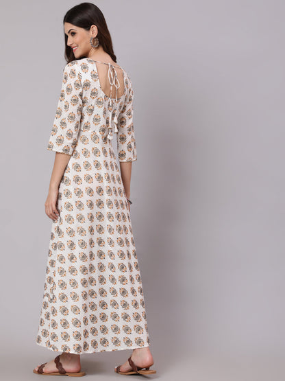 Women White & Yellow Ethnic Printed Dress With Three Quarter Sleeves | LASVINI - Redefining Indian Fashion with Elegance