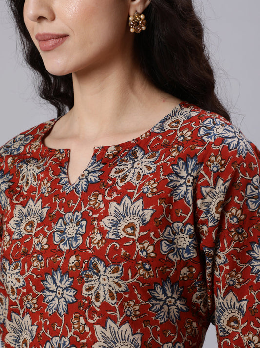 Women Rust Floral Printed Straight Tunic With Three Quarter Sleeves | LASVINI - Redefining Indian Fashion with Elegance