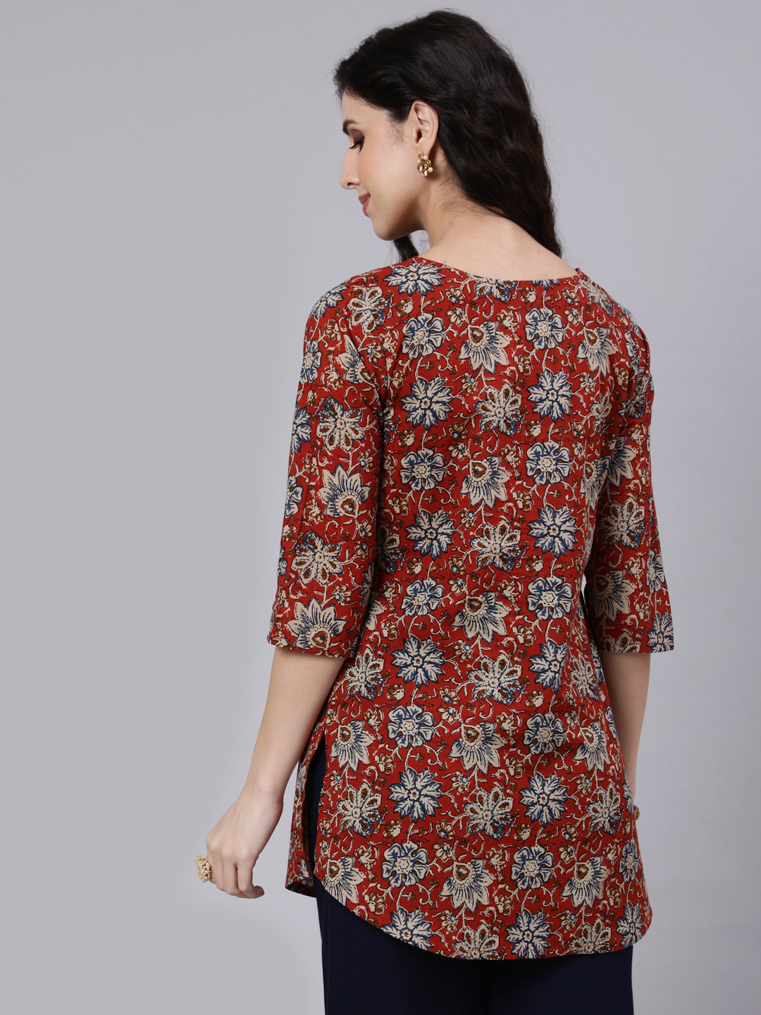 Women Rust Floral Printed Straight Tunic With Three Quarter Sleeves | LASVINI - Redefining Indian Fashion with Elegance