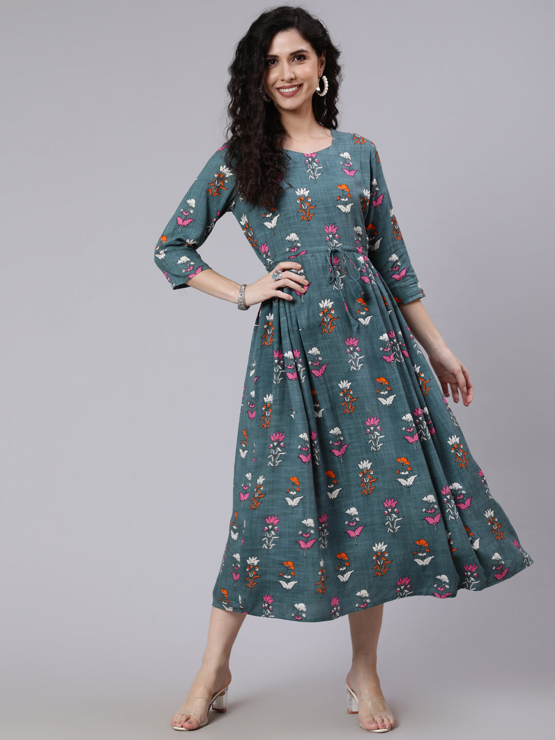 Women Green Floral Printed Flared Dress With Three Quarter Sleeeves | LASVINI - Redefining Indian Fashion with Elegance