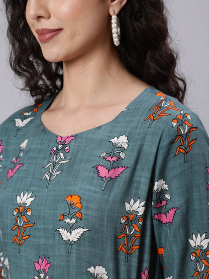 Women Green Floral Printed Flared Dress With Three Quarter Sleeeves | LASVINI - Redefining Indian Fashion with Elegance