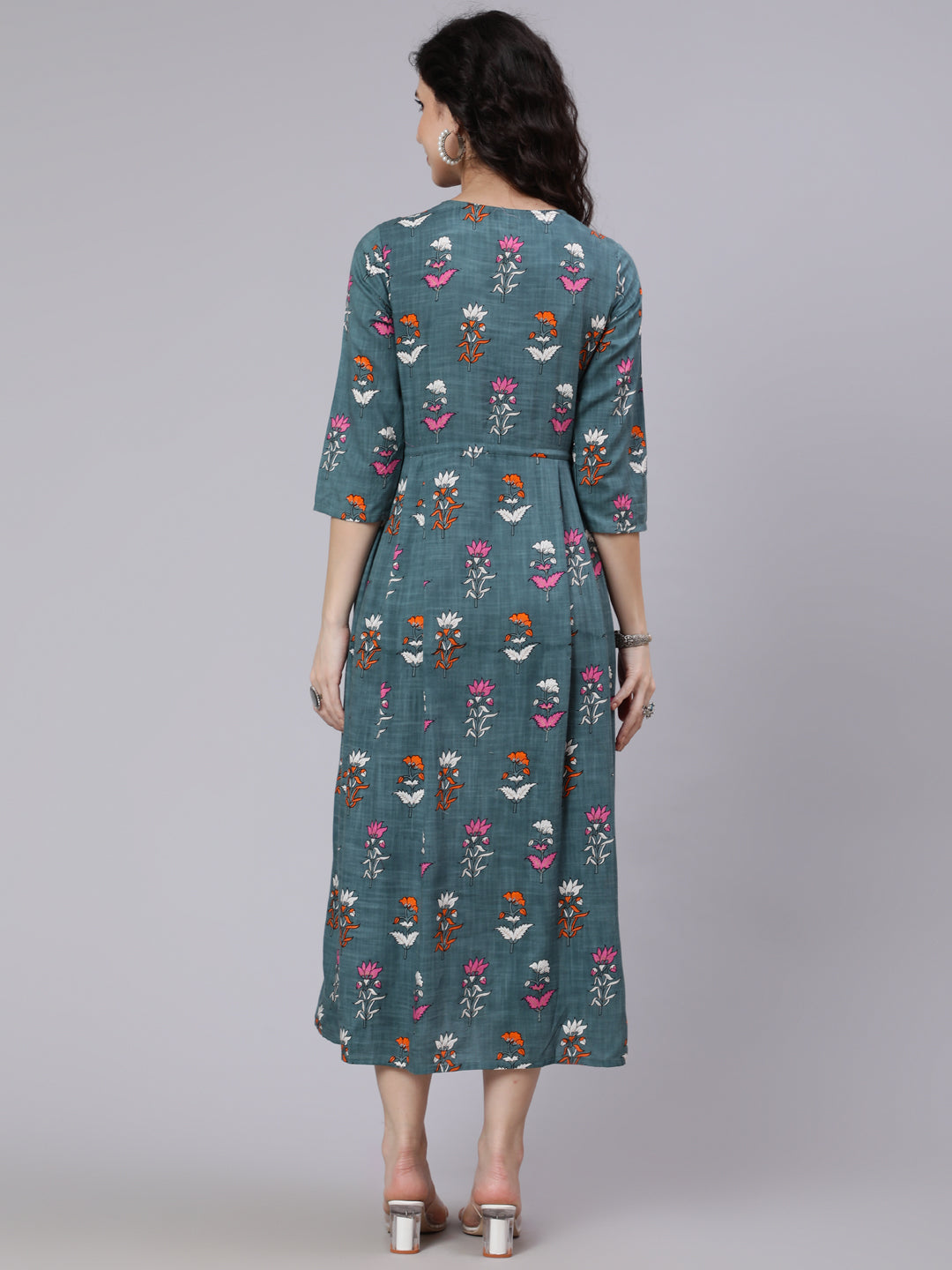Women Green Floral Printed Flared Dress With Three Quarter Sleeeves | LASVINI - Redefining Indian Fashion with Elegance