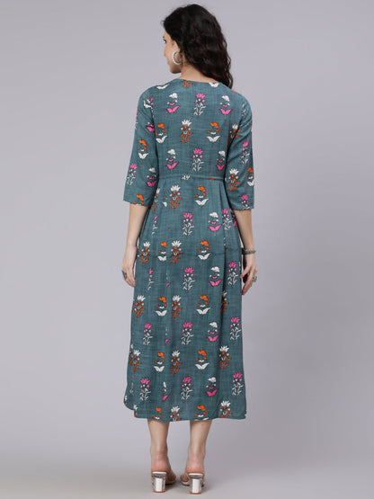 Women Green Floral Printed Flared Dress With Three Quarter Sleeeves | LASVINI - Redefining Indian Fashion with Elegance
