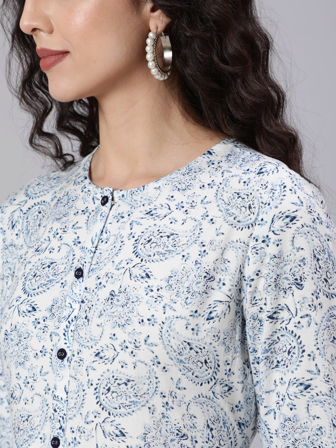Women White Ethnic Printed Flared Dress With Round Neck | LASVINI - Redefining Indian Fashion with Elegance