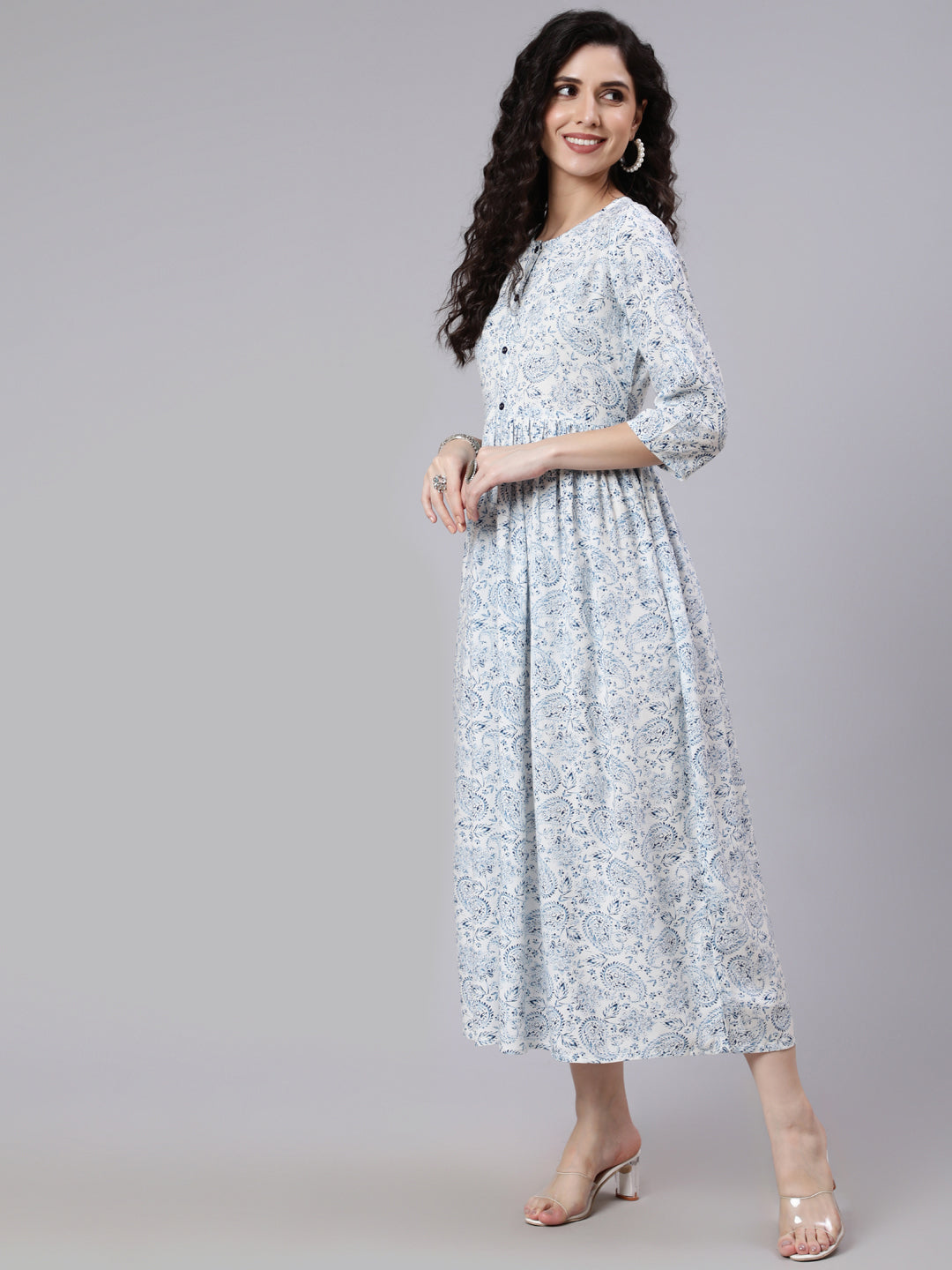 Women White Ethnic Printed Flared Dress With Round Neck | LASVINI - Redefining Indian Fashion with Elegance