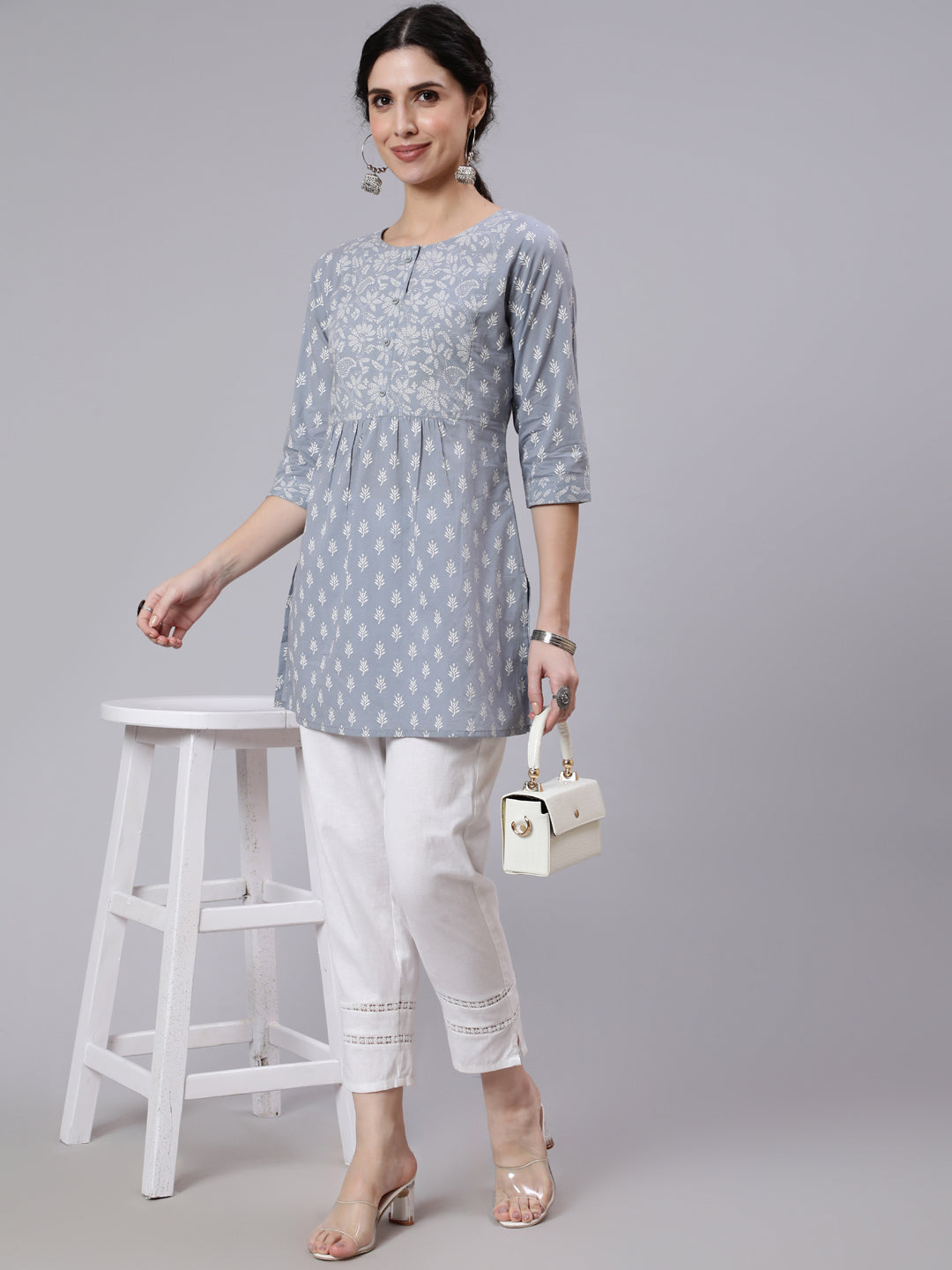 Women Grey Ethnic Printed Straight Tunic | LASVINI - Redefining Indian Fashion with Elegance