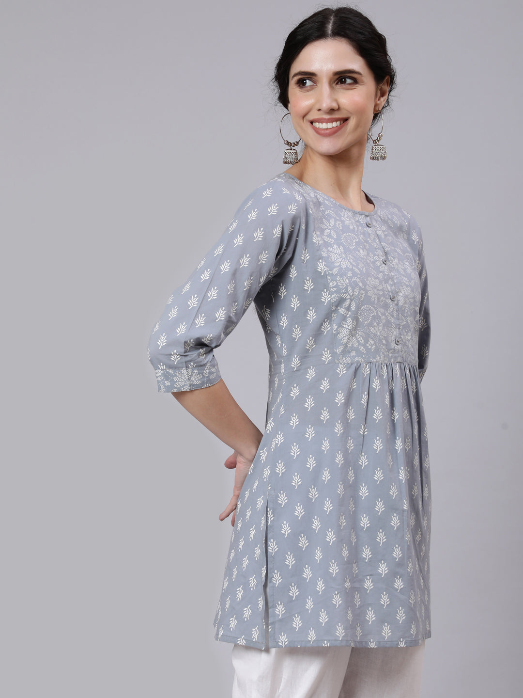 Women Grey Ethnic Printed Straight Tunic | LASVINI - Redefining Indian Fashion with Elegance