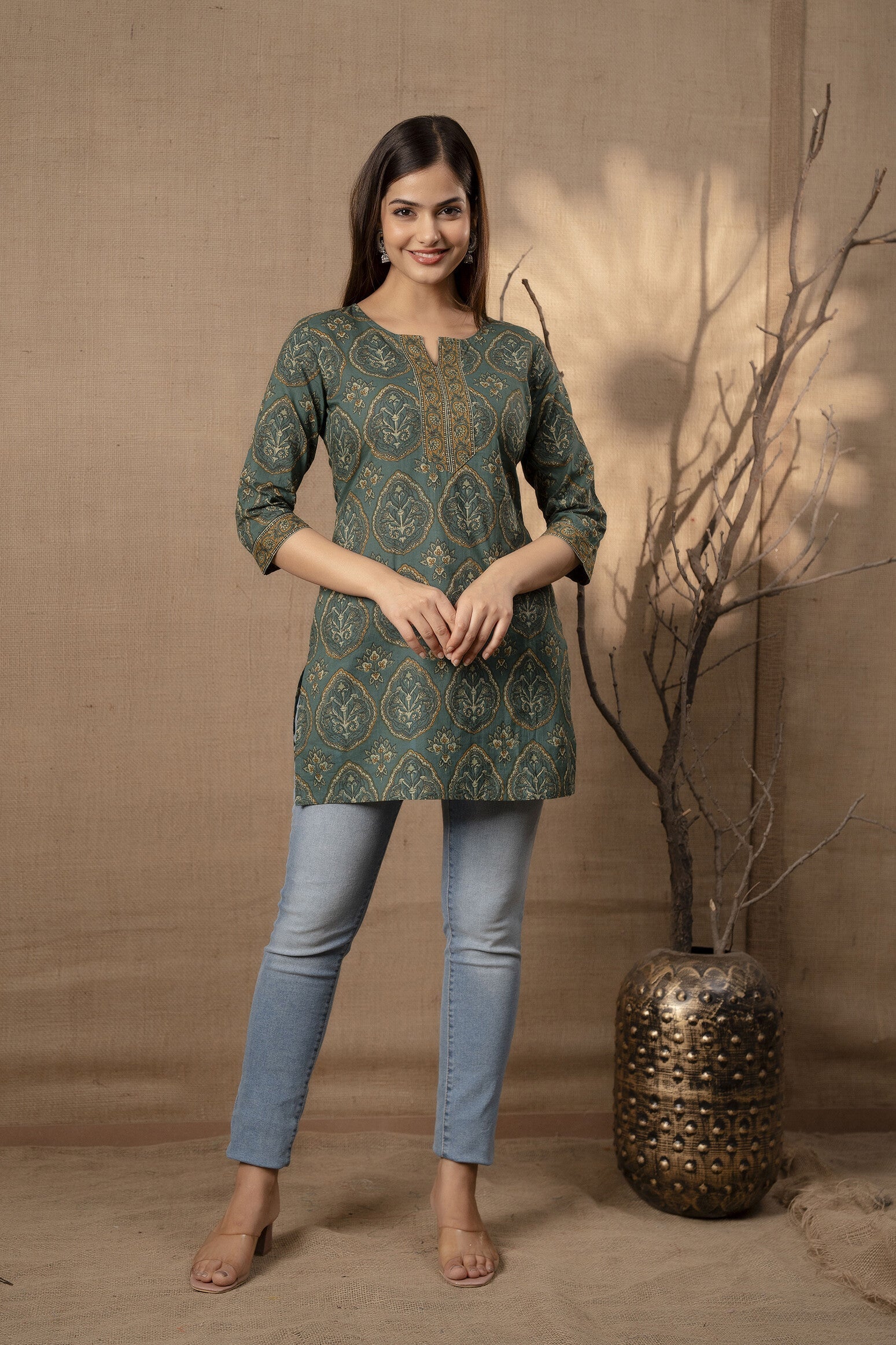 Women Green Ethnic Printed Tunic With Three Quarter Sleevs | LASVINI - Redefining Indian Fashion with Elegance