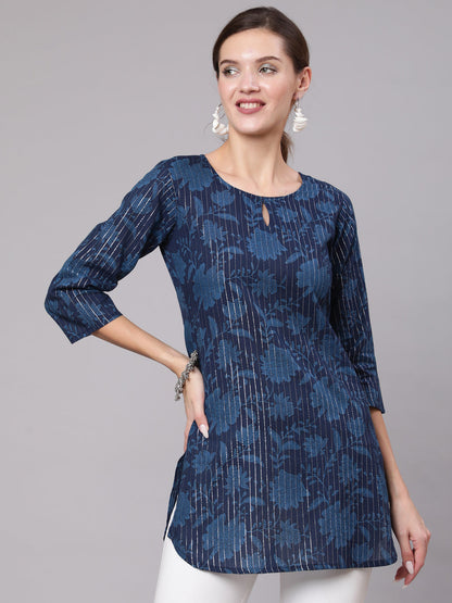 Women Navy Blue Floral Printed Straight Tunic | LASVINI - Redefining Indian Fashion with Elegance