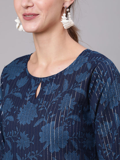Women Navy Blue Floral Printed Straight Tunic | LASVINI - Redefining Indian Fashion with Elegance