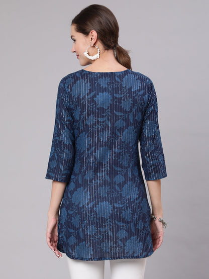 Women Navy Blue Floral Printed Straight Tunic | LASVINI - Redefining Indian Fashion with Elegance