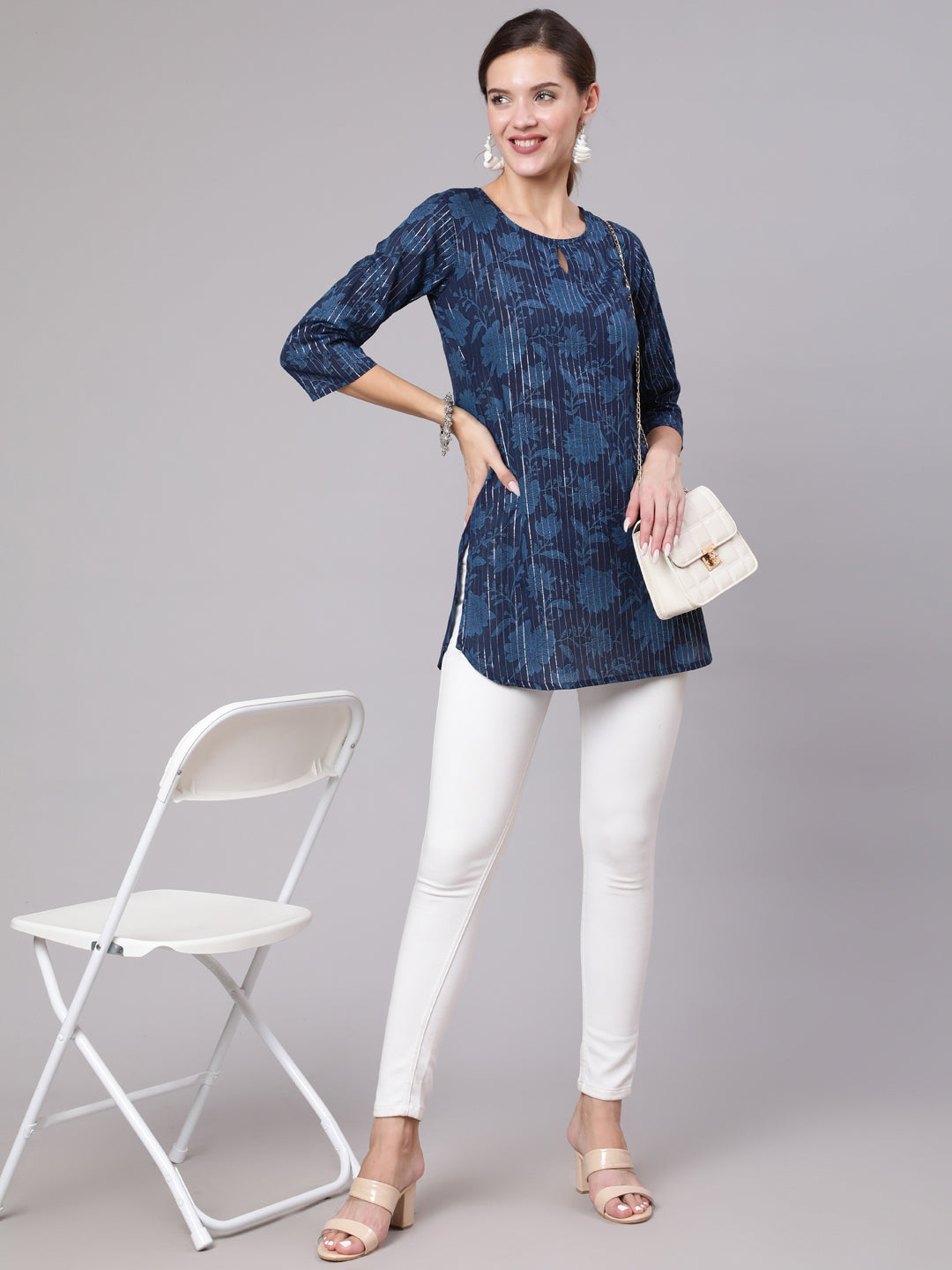 Women Navy Blue Floral Printed Straight Tunic | LASVINI - Redefining Indian Fashion with Elegance