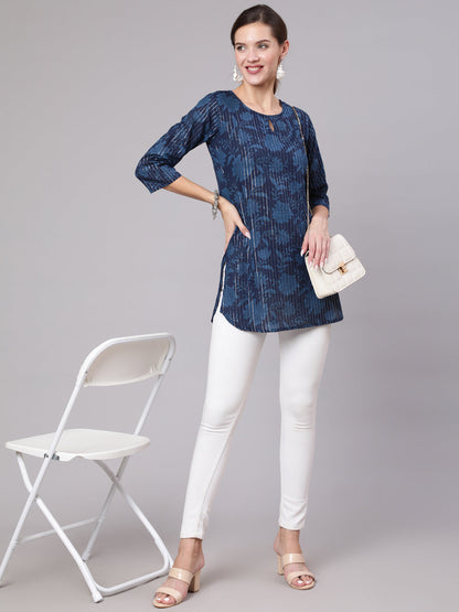 Women Navy Blue Floral Printed Straight Tunic | LASVINI - Redefining Indian Fashion with Elegance