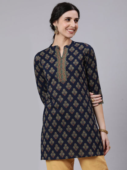 Women Navy Blue Ethnic Printed Straight Tunic | LASVINI - Redefining Indian Fashion with Elegance