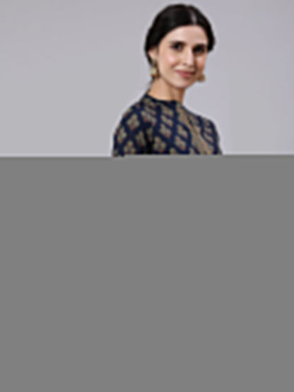 Women Navy Blue Ethnic Printed Straight Tunic | LASVINI - Redefining Indian Fashion with Elegance