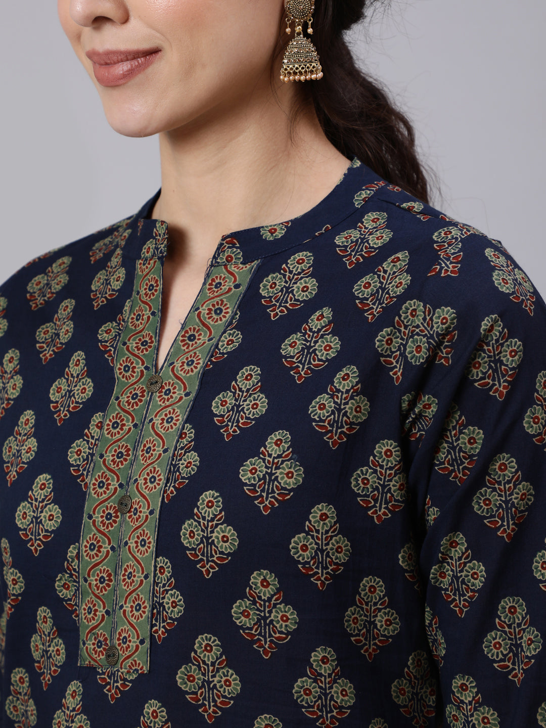 Women Navy Blue Ethnic Printed Straight Tunic | LASVINI - Redefining Indian Fashion with Elegance