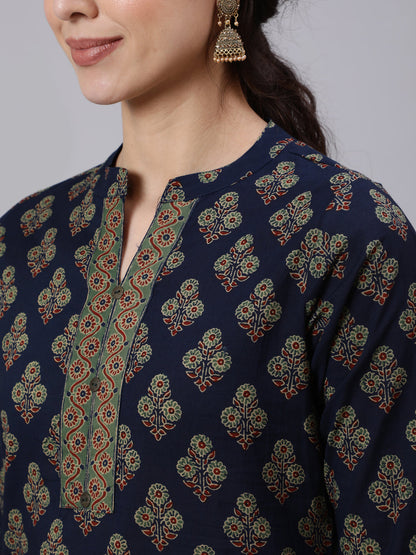 Women Navy Blue Ethnic Printed Straight Tunic | LASVINI - Redefining Indian Fashion with Elegance
