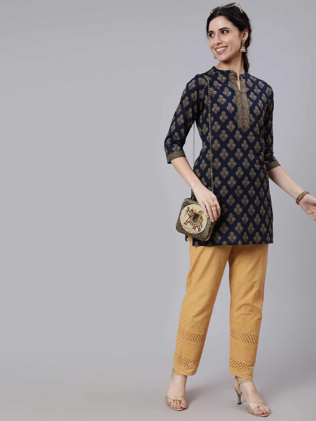 Women Navy Blue Ethnic Printed Straight Tunic | LASVINI - Redefining Indian Fashion with Elegance