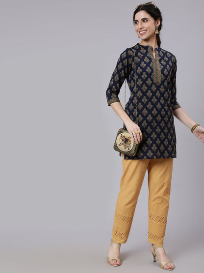 Women Navy Blue Ethnic Printed Straight Tunic | LASVINI - Redefining Indian Fashion with Elegance