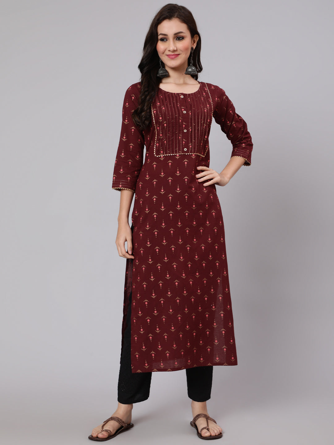Women Burgundy Ethnic Printed Straight Kurta With Three Quarter Sleeves | LASVINI - Redefining Indian Fashion with Elegance