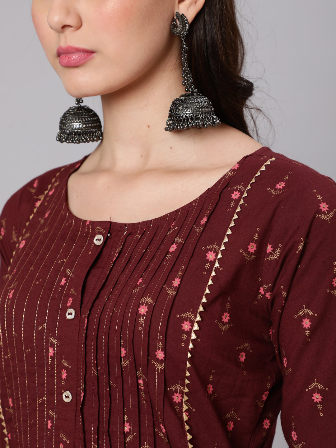 Women Burgundy Ethnic Printed Straight Kurta With Three Quarter Sleeves | LASVINI - Redefining Indian Fashion with Elegance