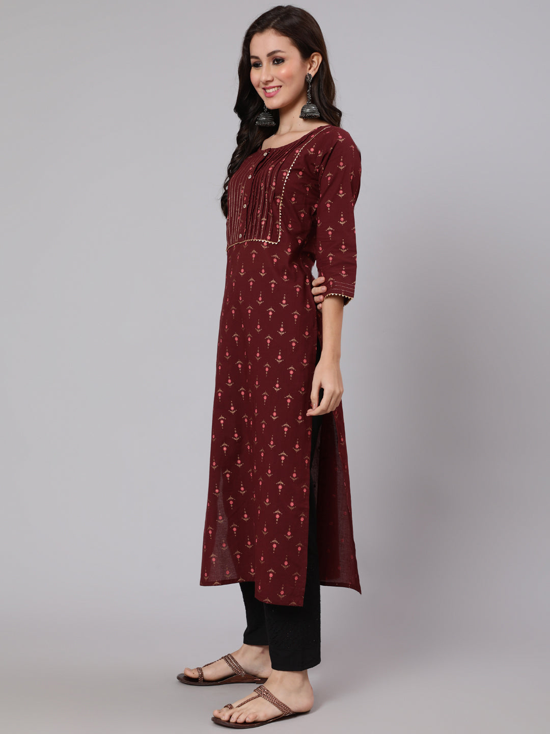 Women Burgundy Ethnic Printed Straight Kurta With Three Quarter Sleeves | LASVINI - Redefining Indian Fashion with Elegance