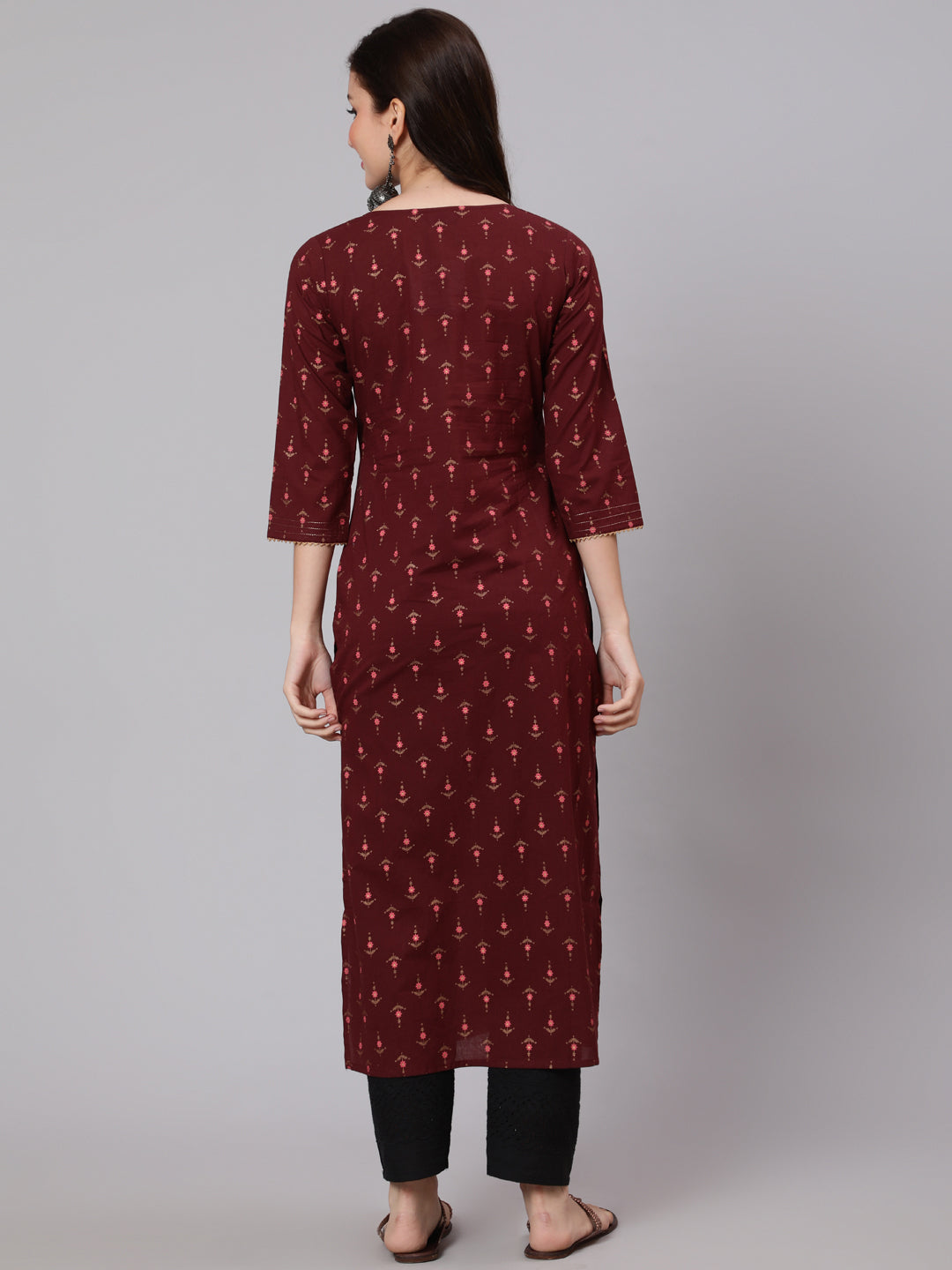 Women Burgundy Ethnic Printed Straight Kurta With Three Quarter Sleeves | LASVINI - Redefining Indian Fashion with Elegance