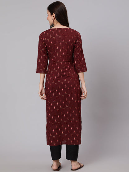 Women Burgundy Ethnic Printed Straight Kurta With Three Quarter Sleeves | LASVINI - Redefining Indian Fashion with Elegance