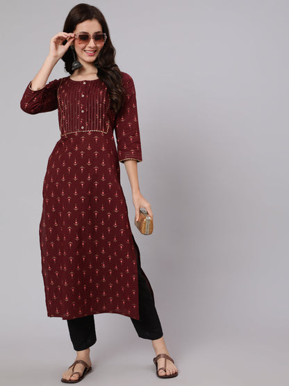 Women Burgundy Ethnic Printed Straight Kurta With Three Quarter Sleeves | LASVINI - Redefining Indian Fashion with Elegance
