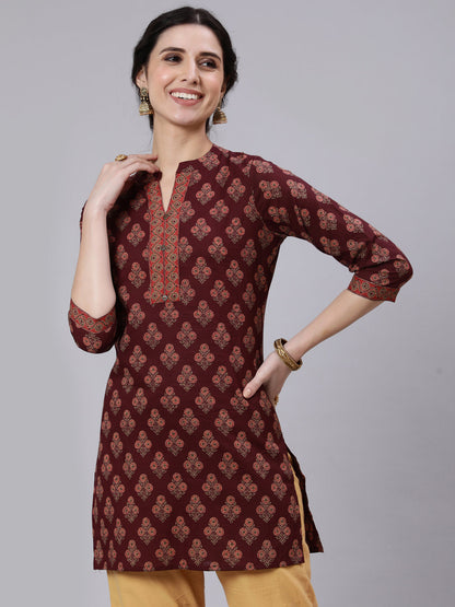 Women Burgundy Printed Straight Tunic With Three Quarter Sleeves | LASVINI - Redefining Indian Fashion with Elegance