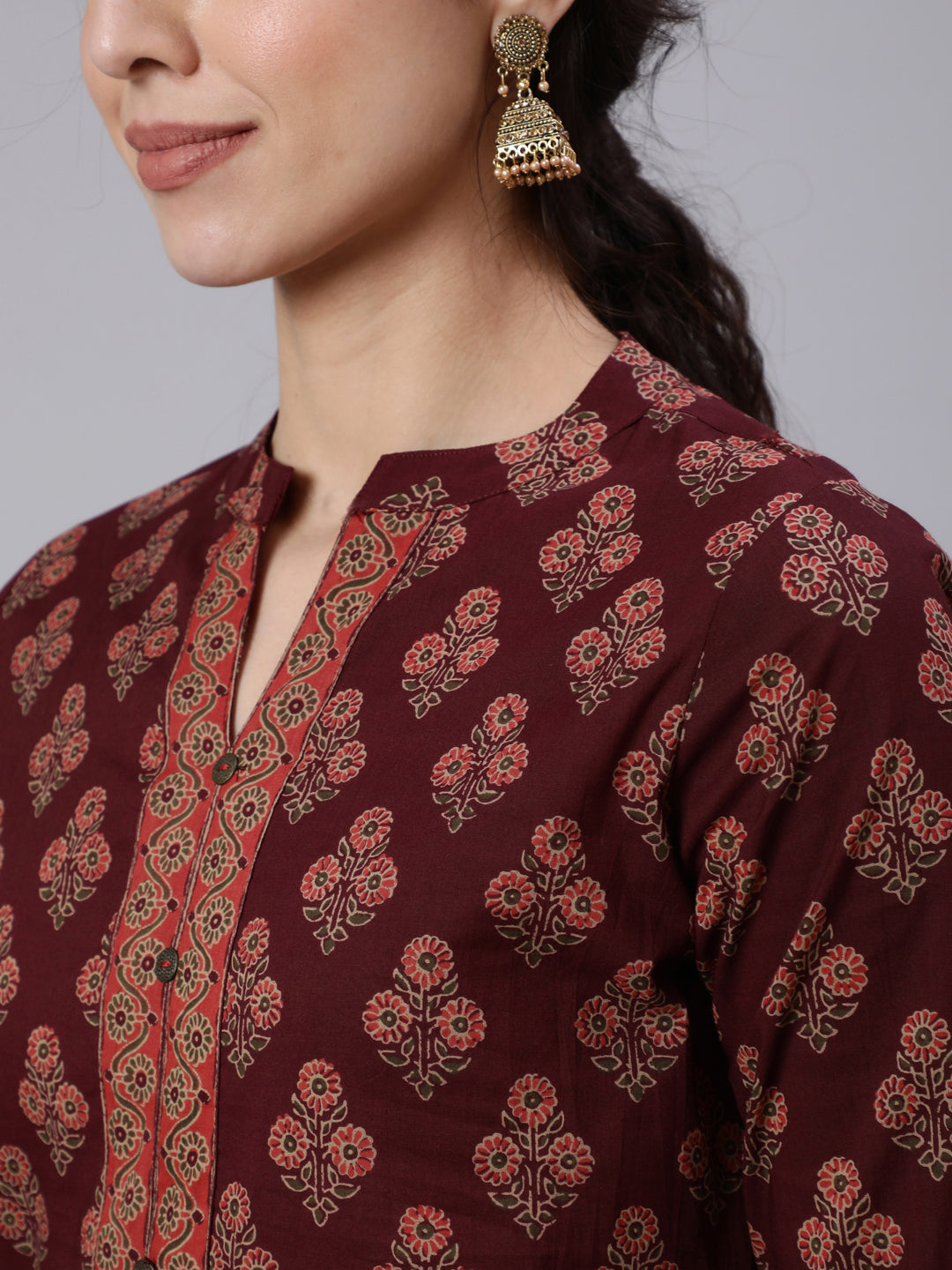 Women Burgundy Printed Straight Tunic With Three Quarter Sleeves | LASVINI - Redefining Indian Fashion with Elegance